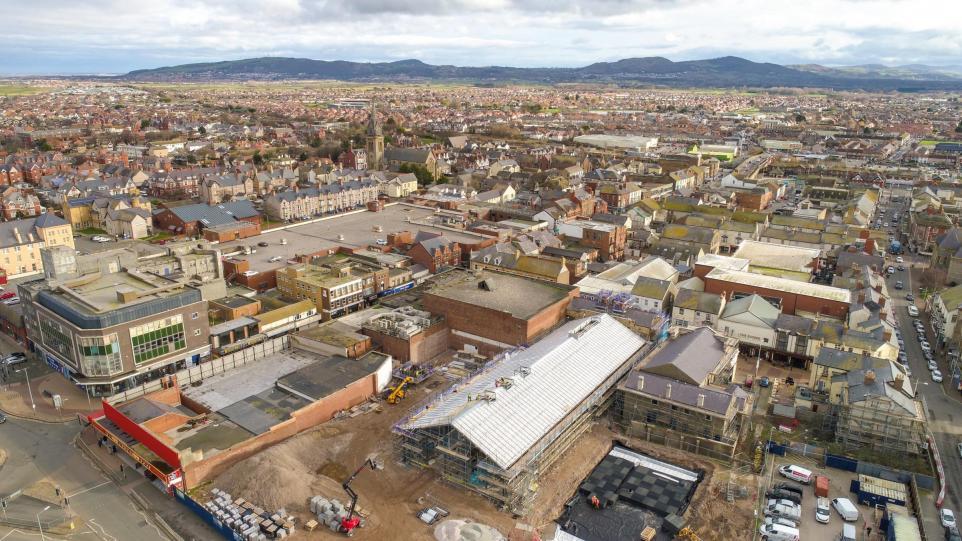 Drone photos of the development at the Queens Market project in Rhyl. Photo: Wynne Construction