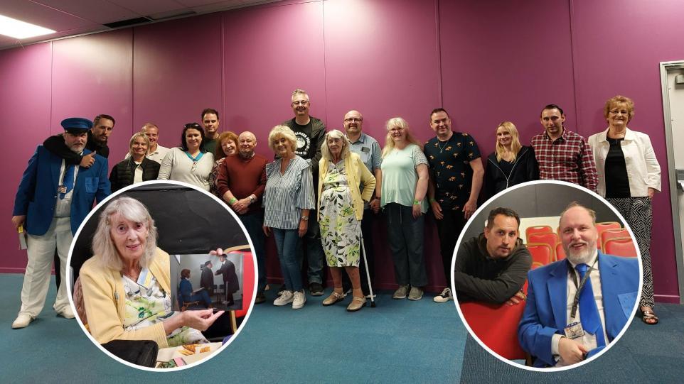 Fans and former cast members at the 50th anniversary celebration of Holiday on the Buses. Inset: Cynthia Price, Richard Coghill, and Craig Walker (Image: Newsquest)