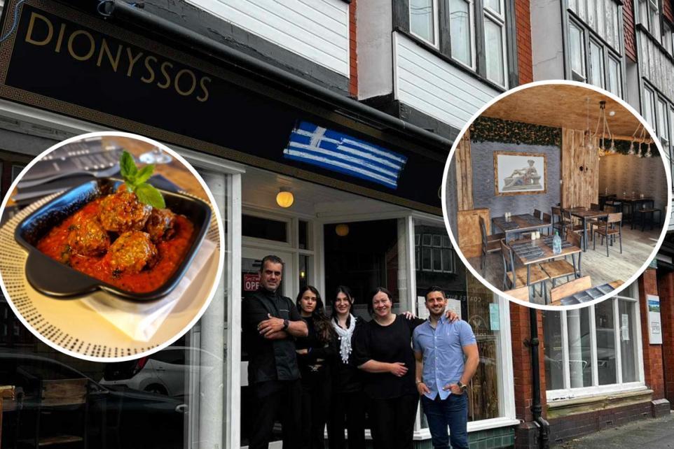 The team behind Dionyssos Resto. Inset: the interior and a meatball dish. Photos: Dionyssos Resto