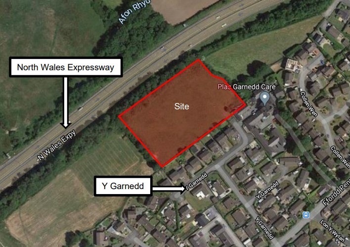 Location of the proposed housing close to the A55 on grazing land off Y Garnedd, Llanfairpwll. (Image Ioacc Planning Documents)