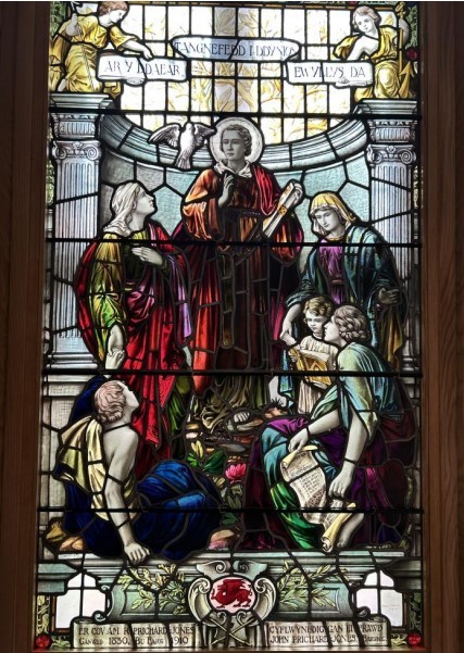 One of the stained glass windows by J Dudley Forsyth from Capel Ebenser Newborough - gifted to Bangor University (Image Ioacc Planning Documents)